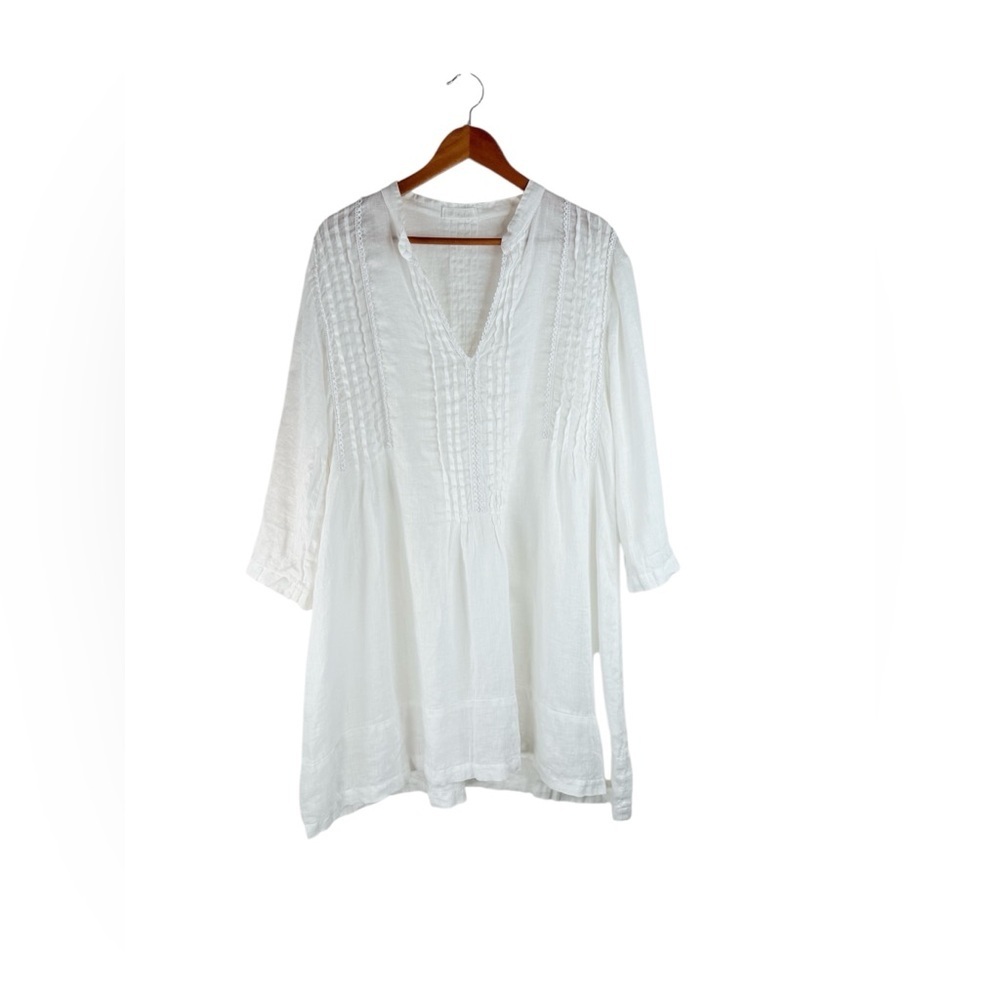 CP Shades Regina Pleated 100% Linen Collarless V Neck Tunic White Size Medium